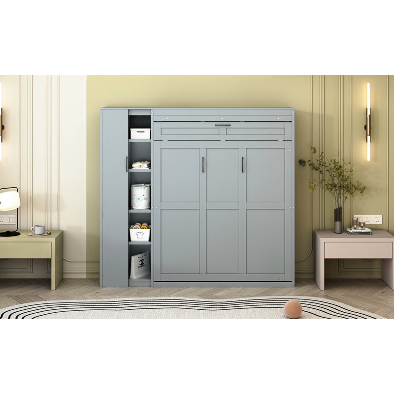Lit double de couleur grise avec tablettes, garde-robe et lumières à DEL pour économiser de l'espace, garde-robe - Beauté