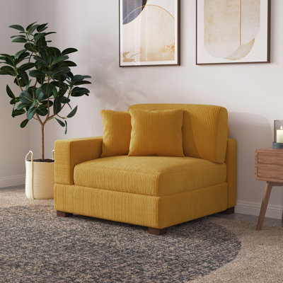 Upholstered Orange Corduroy Armchair with Pillow Back and Solid Wood Legs