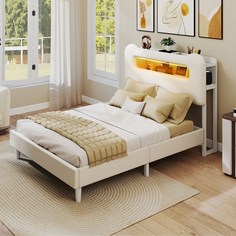 Upholstered Platform Bed with LED Lighting Included, Beige, Full