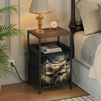 Table de chevet 2 tiroirs avec station de charge, table de chevet pour chambre avec ports USB et amp; Outlets, tablette ouverte noire, table de chevet avec cerceau de basketball rétro