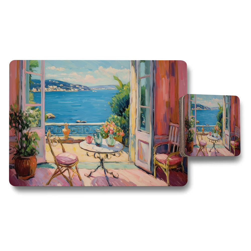 Seaside Terrace Placemats And Coaster Set With Ocean View Artwork