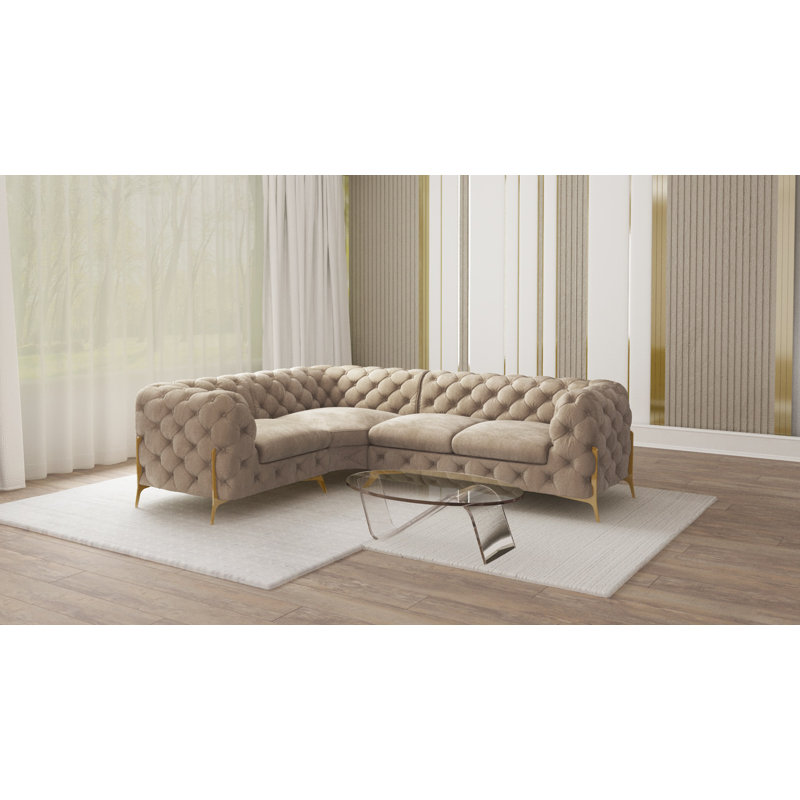 L-shape Corner Chesterfield Sofa  with Gold Metal Legs, Dark Cream, Right Hand Facing