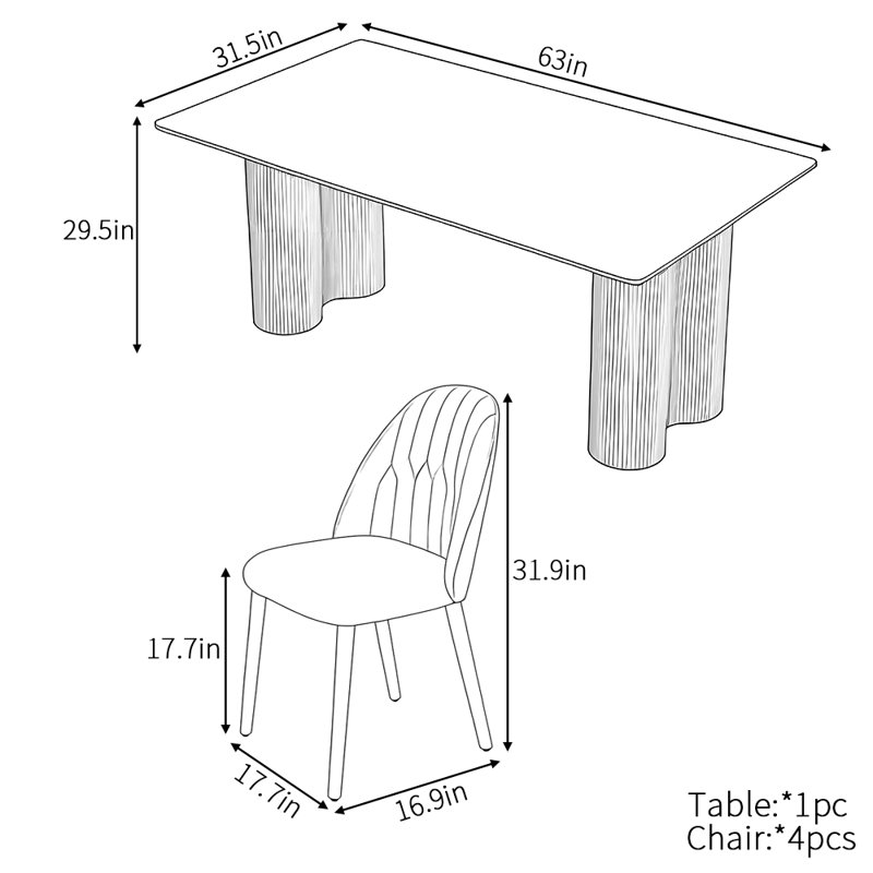 French modern simple dining table set, 29.5"H x 63"L x 31.5"W