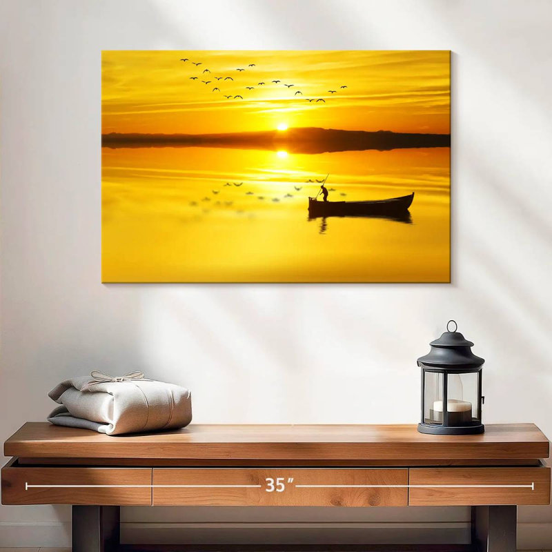Silhouette de bateau de pêche Senne au lever du soleil, H 16 po x l 24 po