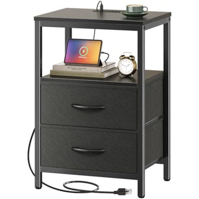 Nightstand With Charging Station, Side Table With 2 Fabric Drawers, End Table With Open Shelf, Bedside Table With USB-C Port And Outlets, Night Stand