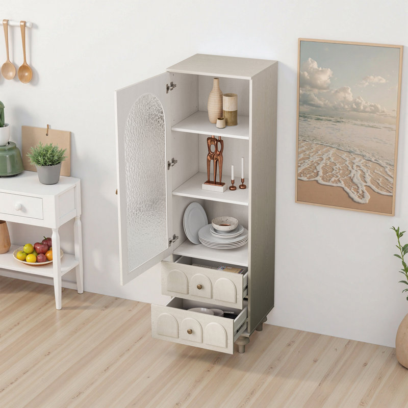 Storage Cabinet Display Cabinet with Tempered Glass Door and 2 Drawers for Bathroom, Living Room, Bedroom, Kitchen and Office