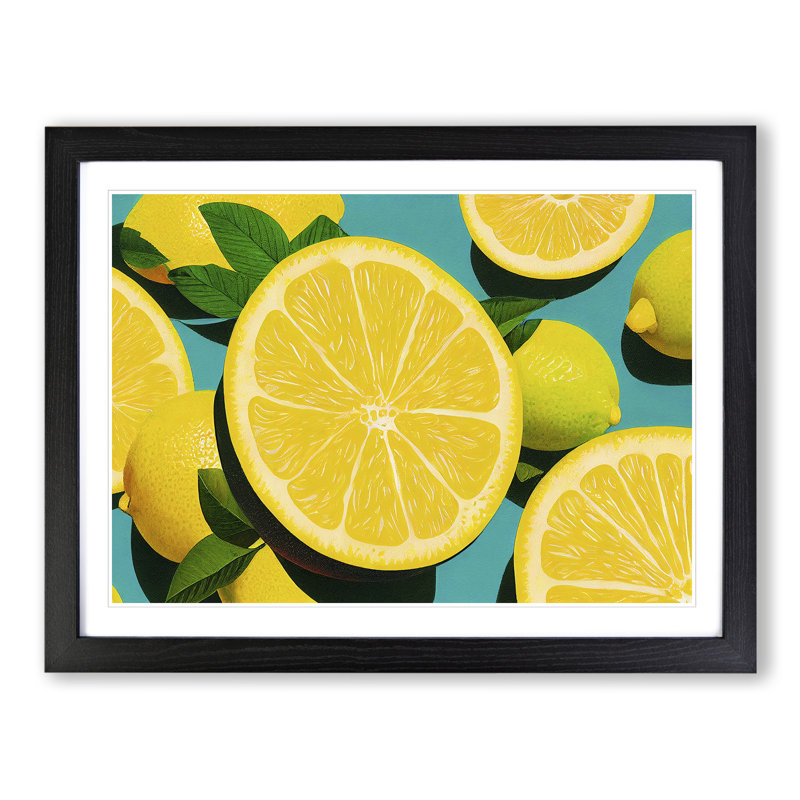 Sliced Lemon Fruit - Single Picture Frame Print, 46cm H x 64cm W x 2cm D, Black