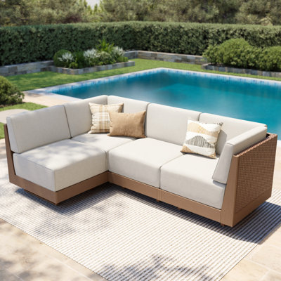 Ensemble de jardin 5 places en résine tressée avec coussins, beige, canapé d'angle modulaire en résine tressée.