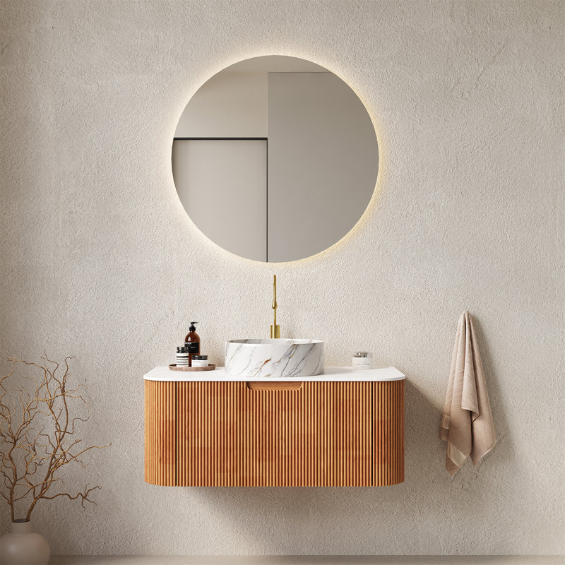 Meuble-lavabo flottant mural 36 po avec rebords courbés, armoire de rangement rayée et lavabo rond en céramique blanche avec motif de pierre
