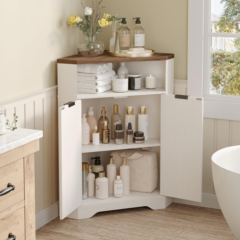 Armoire de coin de salle de bain avec rangement ouvert et tablette réglable, Blanc