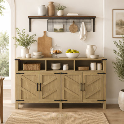 59'' Modern 4-Door Sideboard Buffet with Power Outlets & USB Ports, Adjustable Shelves and Half-Open Storage Cabinet, Metal Accents & Aluminum Handles for Living Room, Dining Room, Entryway