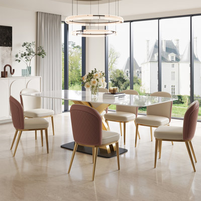 Modern Sintered Stone Dining Table Set With Faux Leather Chairs And Gold X-base