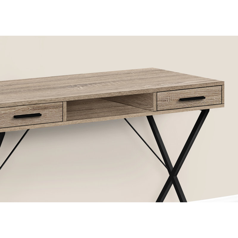 Bureau à domicile de style moderne - l 42 po, stratifié taupe, structure en métal et tiroirs pour rangement noir foncé