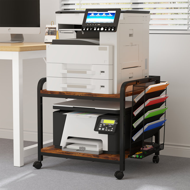 Printer Stand With File Holder Organizer, Printer Cart With Adjustable Height Shelf And Wheels, Brown