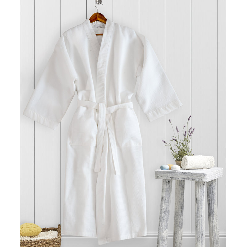 Symphonie Cotton Waffle Gender Neutral Above Knee Bathrobe with Pockets, Small, White
