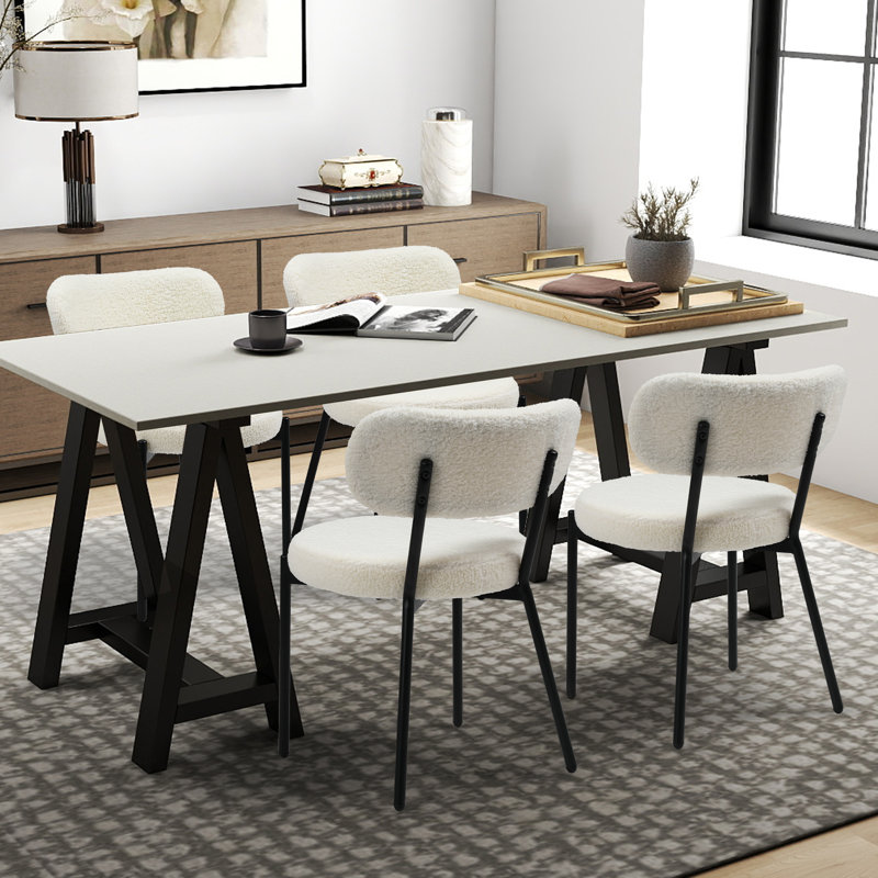 Dining Chairs Set of 2 pcs, Boucle Comfortable Upholstered Seat Fabric with Curved Backrest, White, White