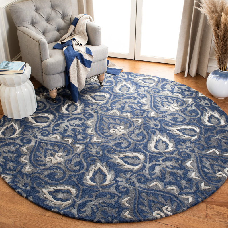 Pimentel Hand Tufted Wool/Cotton Geometric Rug in Navy, Round 7'
