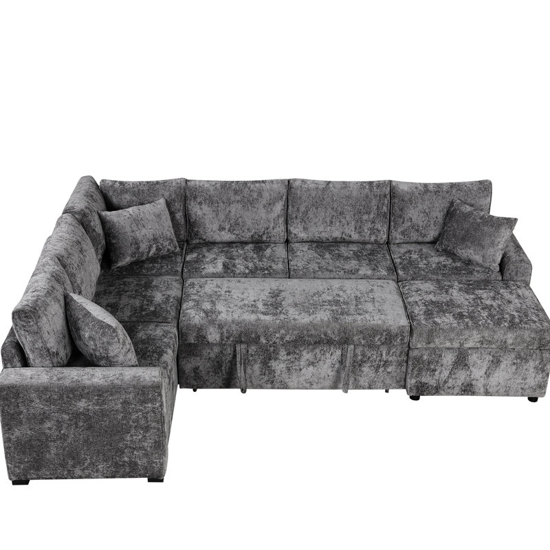 Grey 112.2" Sectional With Pull-Out Bed, Charging Sockets & For Living Space In Storage Functions Area, Gray Chenille