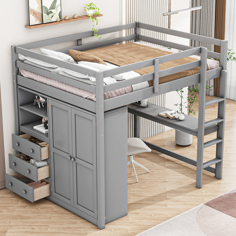 Lit mezzanine double pleine grandeur avec bureau intégré, garde-robe et unités de rangement pratiques, Gris