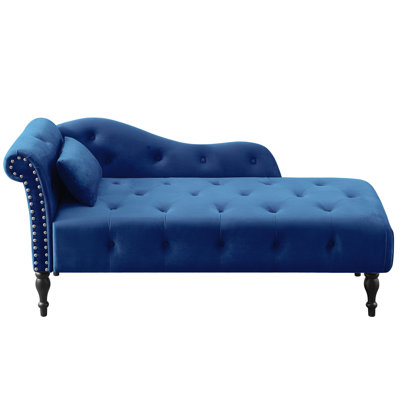 Chaise longue en velours, boutons, garniture cloutée, pieds en bois massif, bleu - Profitez d'un salon confortable, détendez-vous de manière élégante