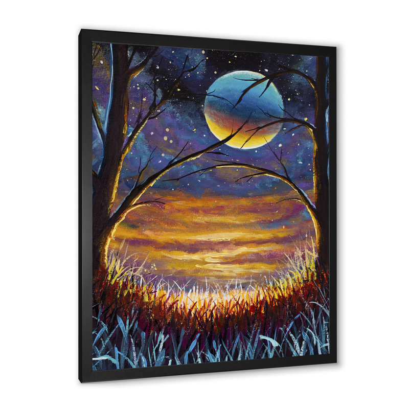 Nuit fantaisie lune - peinture, H 20 po x l 12 po x P 1 po, Toile avec cadre photo noir