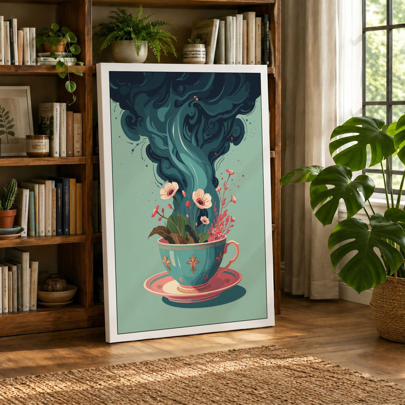 Teacup Garden Botanical 1 Piece Wrapped Canvas Wall Art, 24x16 - 61.0 x 40.6 cm, Taupe Border