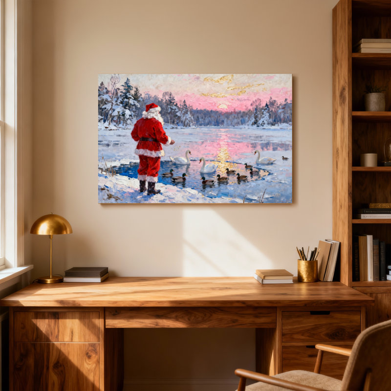 Père Noël qui nourrit des canards sur le lac gelé au coucher du soleil, H 12 po x l 18 po