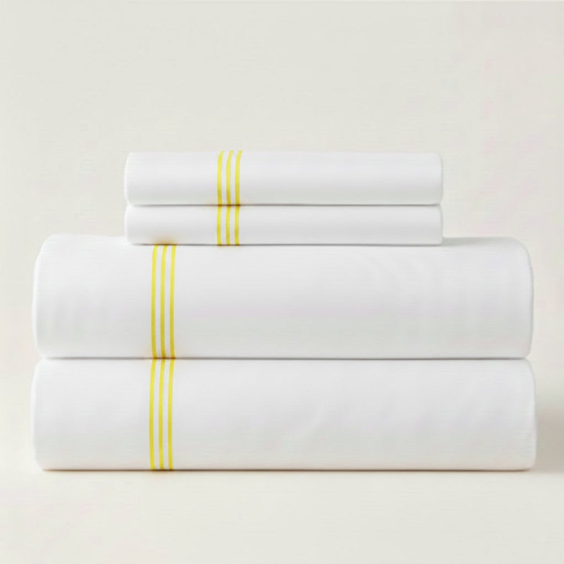 500TC Cotton Triple Embroidery Sateen Solid Cotton 4 Piece Sheet Set Fitted Sheet Fits Upto 16" Deep Pocket, Yellow Border