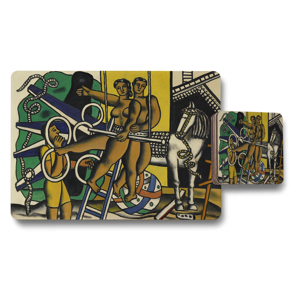 Placemat And Coaster Set With Abstract Figurative Artwork