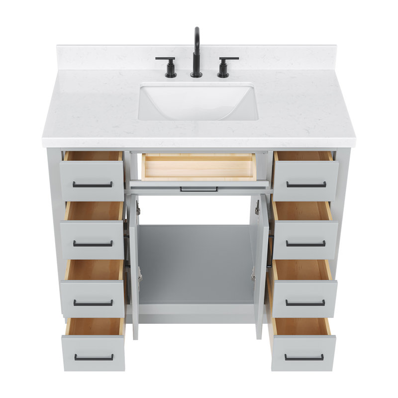 Meuble-lavabo simple en bois massif 42 po avec plateau en quartz Carrara de 1,5 po Thornaby, Gris / noir mat