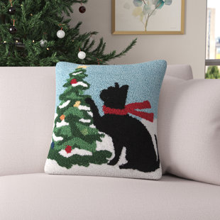 Holly and Berries Hand-Hooked Wool Throw Pillow on Red Background