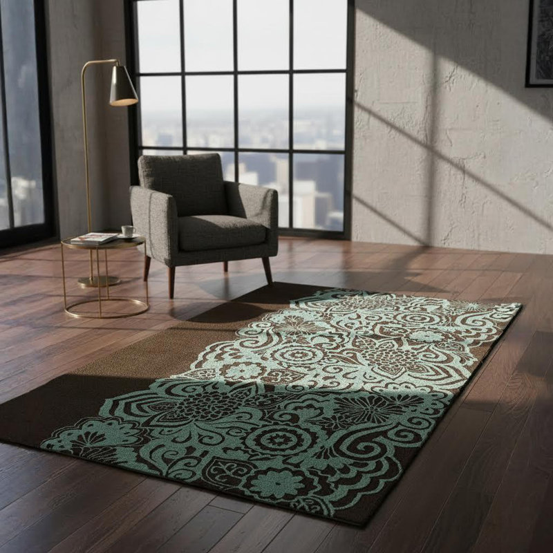 Tapis floral asymétrique en laine touffeté à la main brun et bleu sarcelle Mikilah, Rectangle 2 pi x 3 pi