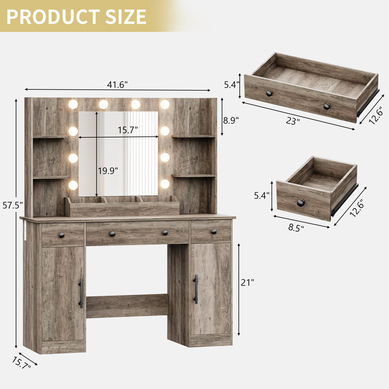 43.7"W Farmhouse Makeup Vanity Desk with Lighted Mirror and Power Outlet, 3 Drawers, Gray, Mirror