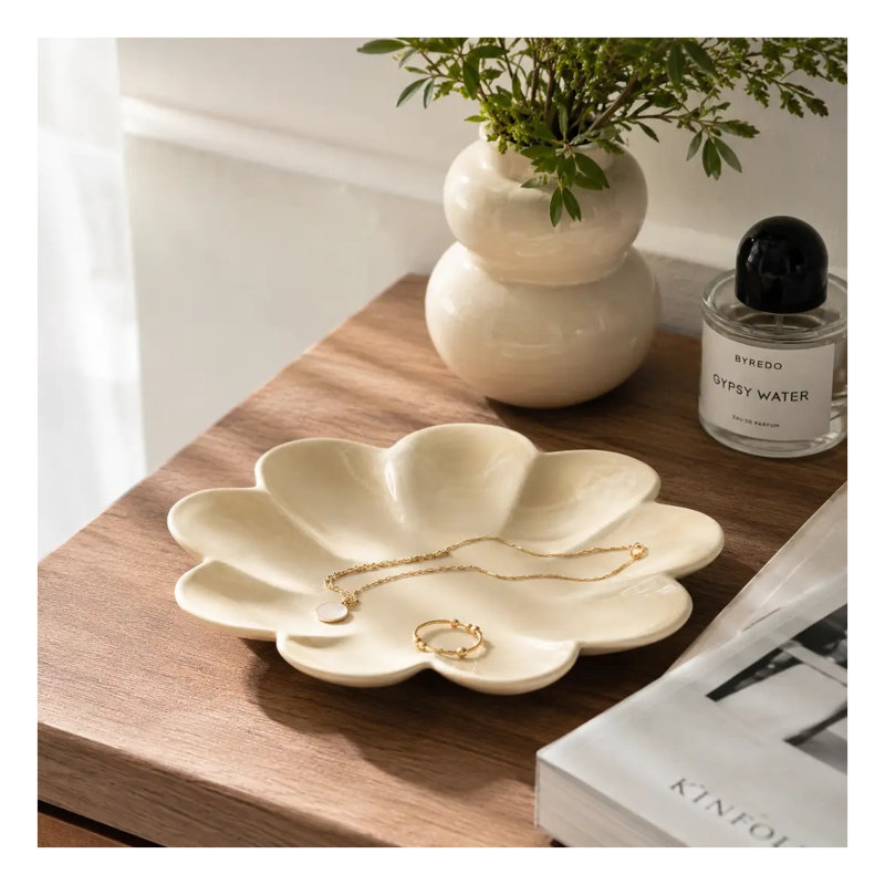 Modern Beige Aluminum Petal-Shaped Decorative Tray, 11.5-Inch Contemporary Centerpiece Dish