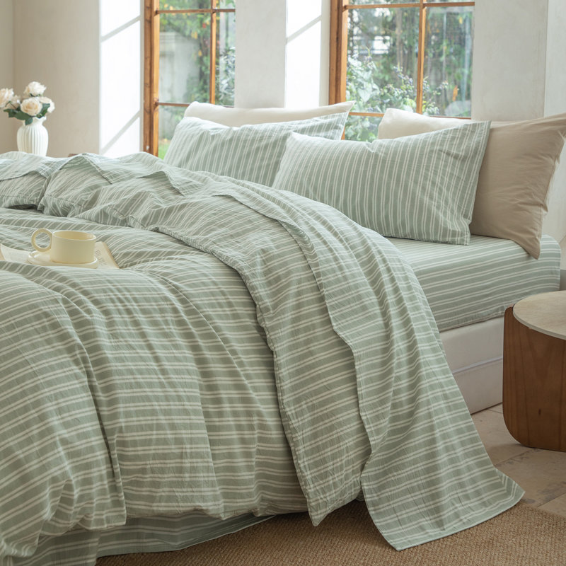 100% Washed Cotton Bedding Sheet Set 4 Pieces,1 Fitted Sheet,1 Flat Sheet and 2 Pillowcases,Comfy Textured Sheet Set