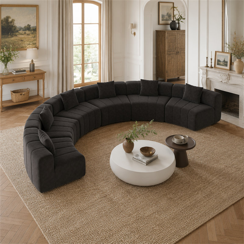 Canapé modulaire courbé en chenille avec 6 coussins, Noir
