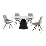 Calasia 5 Piece Modern Pedestal Dining Set with Gray Velvet Chairs