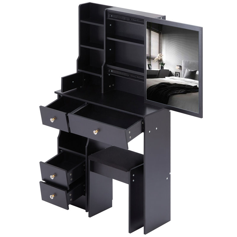 Table de coiffeuse et tabouret rembourré avec cinq tiroirs coulissants et support pour sèche-cheveux, Noir, noir, noir, noir