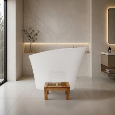 Japanese 47" Freestanding Solid Surface Stone Resin Deep Soaking Bathtub with Seat - White