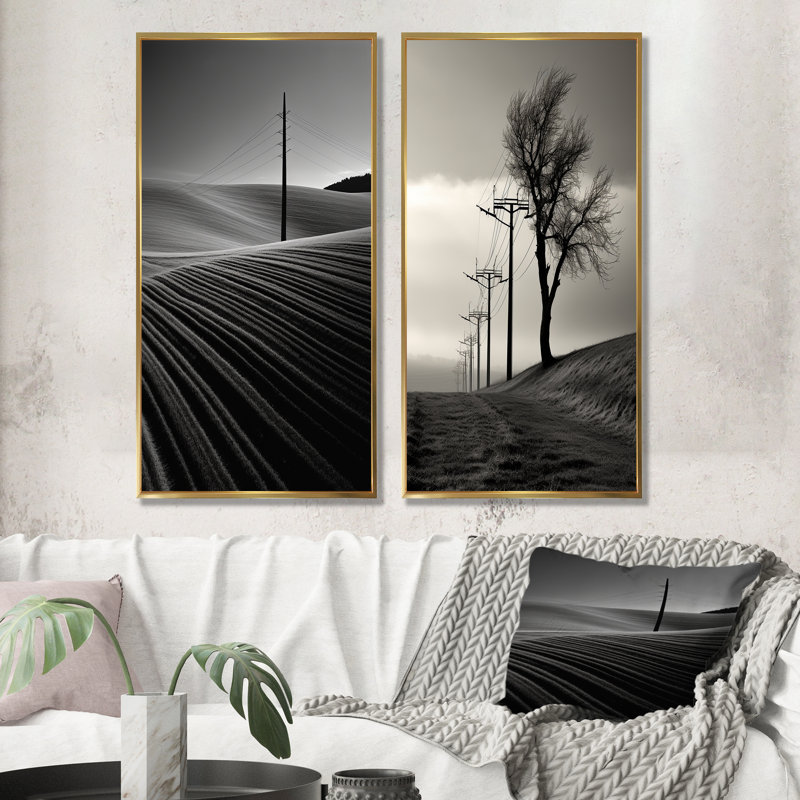 «Power Lines Mimalisme», ensemble de 2 reproductions d'art sur toile, Encadrement doré, H 28 po x l 25 po