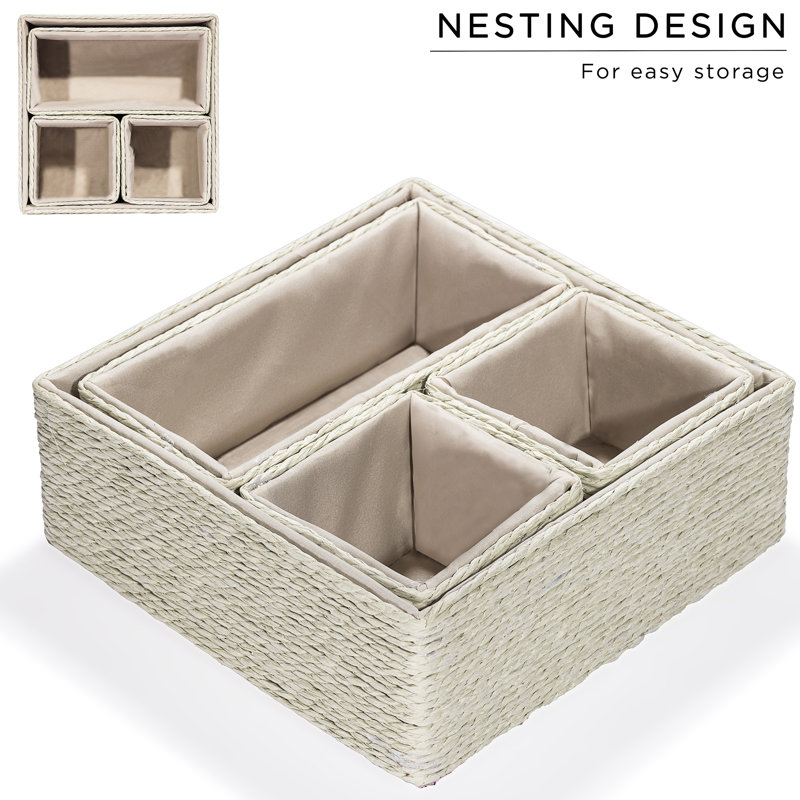 Stackable Storage Woven Paper Rope Baskets Set of 4, Beige, Beige