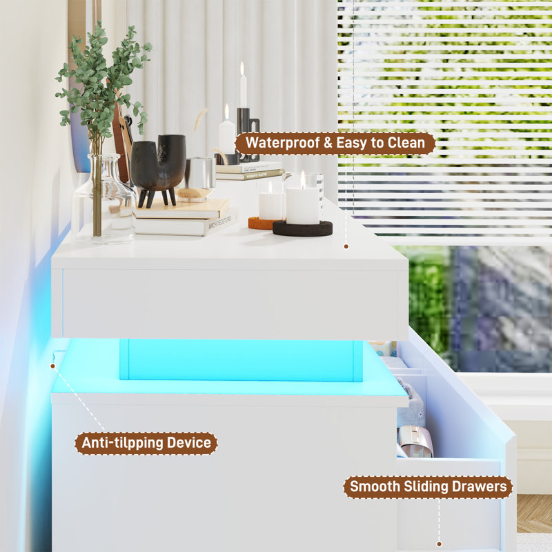 70" Wide 12-Drawer Storage Dresser With Led Lighting & Built-In Charging Ports, Tall Modern Cabinet For Bedroom, Closet, Entryway Or Living Room Organization