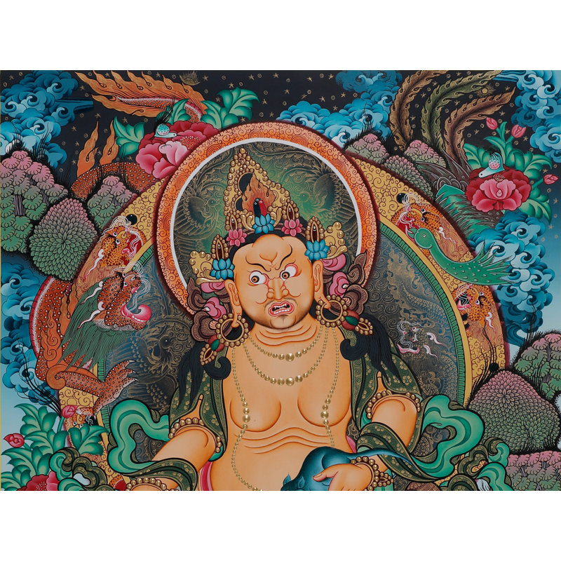 Thangka sans-dieu Kubera, dieu de la richesse | Art mural bouddhiste tibétain peint à la main Prosperity | Décoration à or 24 carats (24 po x 16,5 po)
