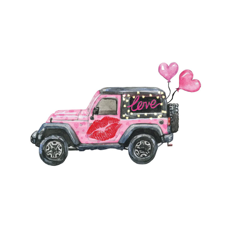 Jeep rose de la Saint-Valentin - peinture sur toile tendue, H 18 po x l 26 po x P 1,5 po