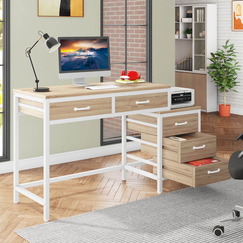 51''W Reversible Desk with Drawers, Walnut/White