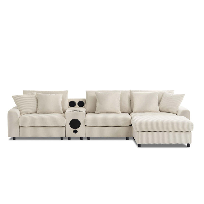 112*64'' Corduroy Sectional Sofa with Bluetooth Speakers,L-Shaped Couch with Console,USB Charger,Cup Holders,Storage,Ottoman,Deep and Wide Seat Cloud Sofa for Living Room&Apartment