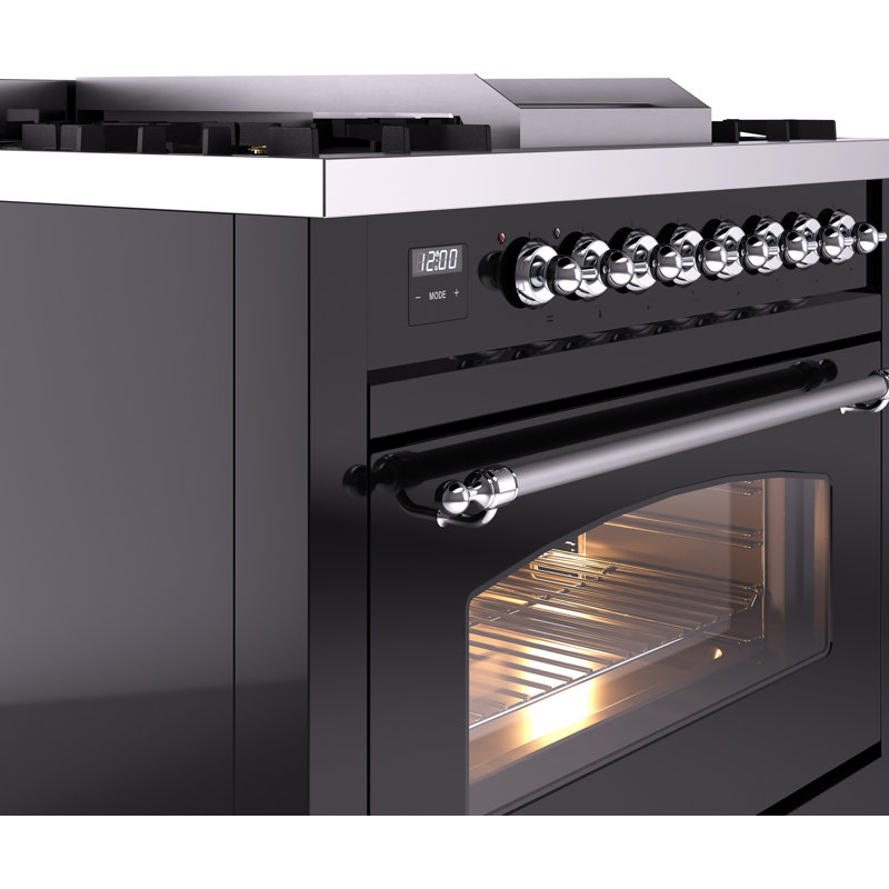ILVE Nostalgie II 36 Dual Fuel Range, knobs, Glossy Black/Chrome, Liquid Propane