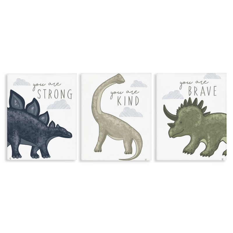 «Hopeful Encourageant Dinosaurs», ensemble de 3 toiles, conception par Elizabeth Tyndall, H 30 po x l 24 po