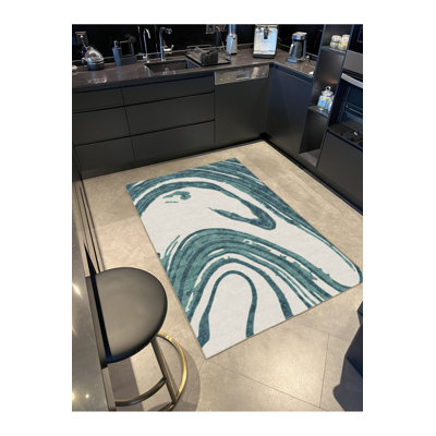 Green Wavy Patterned Woven Base Washable Rug