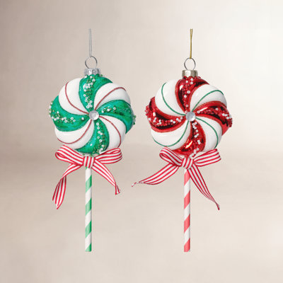 Glass Lollipop Christmas Ornaments, 6 Hanging Pieces (3 Sets of 2)